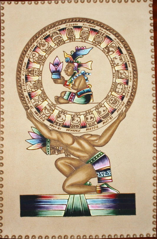 Pyro engraved leather - Mayan calendar with Pakal and The Maize God