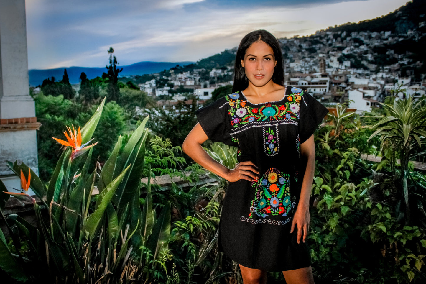 Mexican mini dress, top or blouse - Black hand embroidered manta