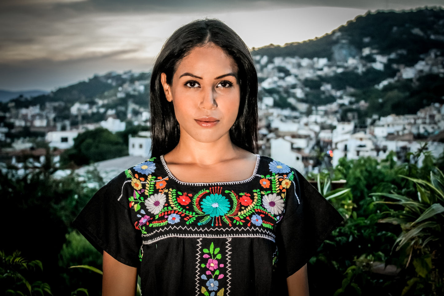 Mexican mini dress, top or blouse - Black hand embroidered manta