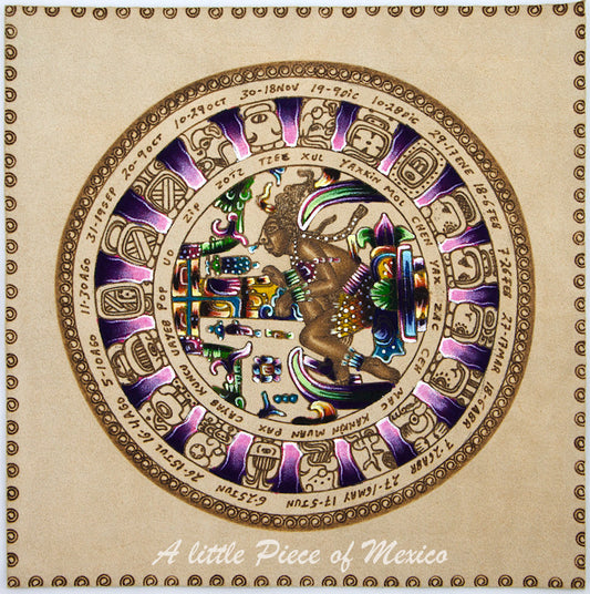 Pyro engraved leather - Mayan calendar with Pakal