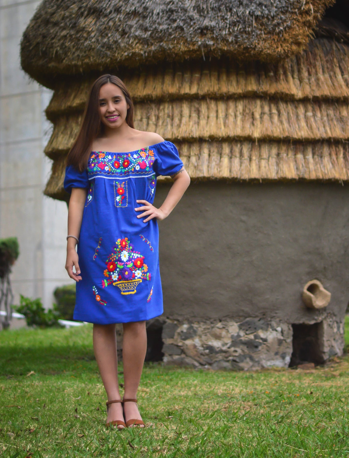 Mexican off the shoulder mini dress  - Royal blue hand embroidered manta