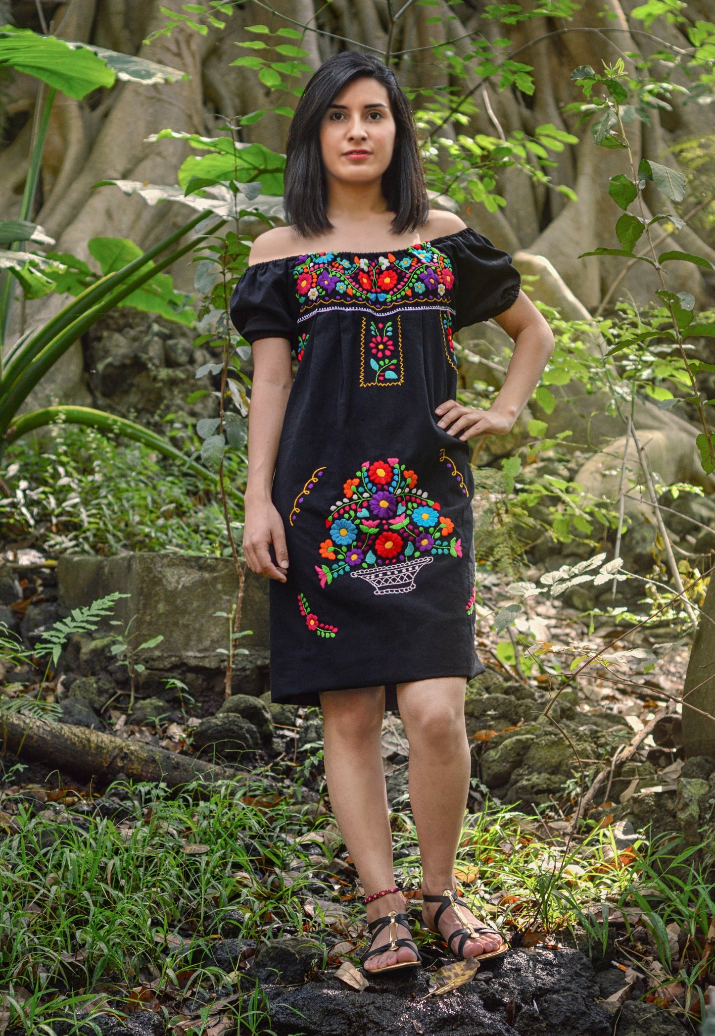 Mexican off the shoulder mini dress  - Black hand embroidered manta