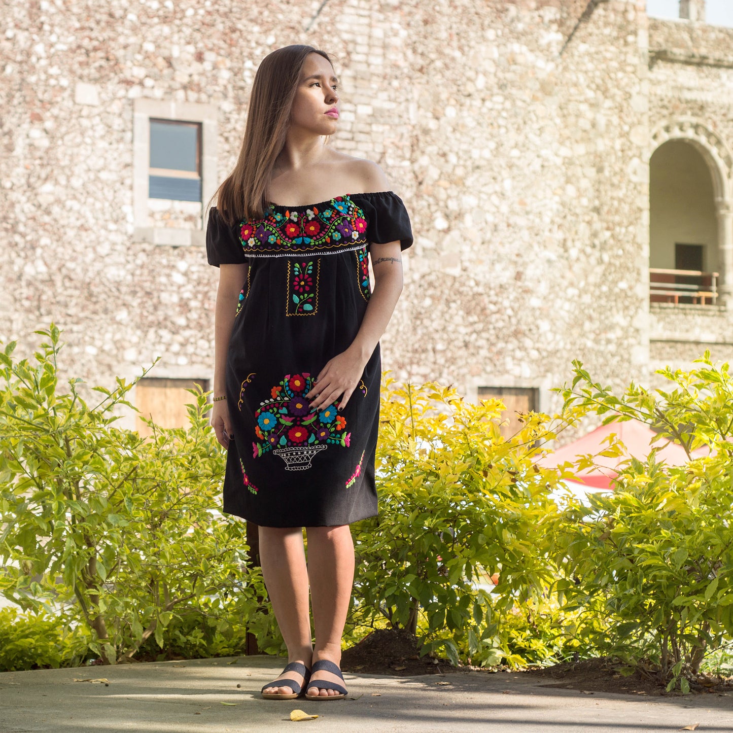 Mexican off the shoulder mini dress  - Black hand embroidered manta