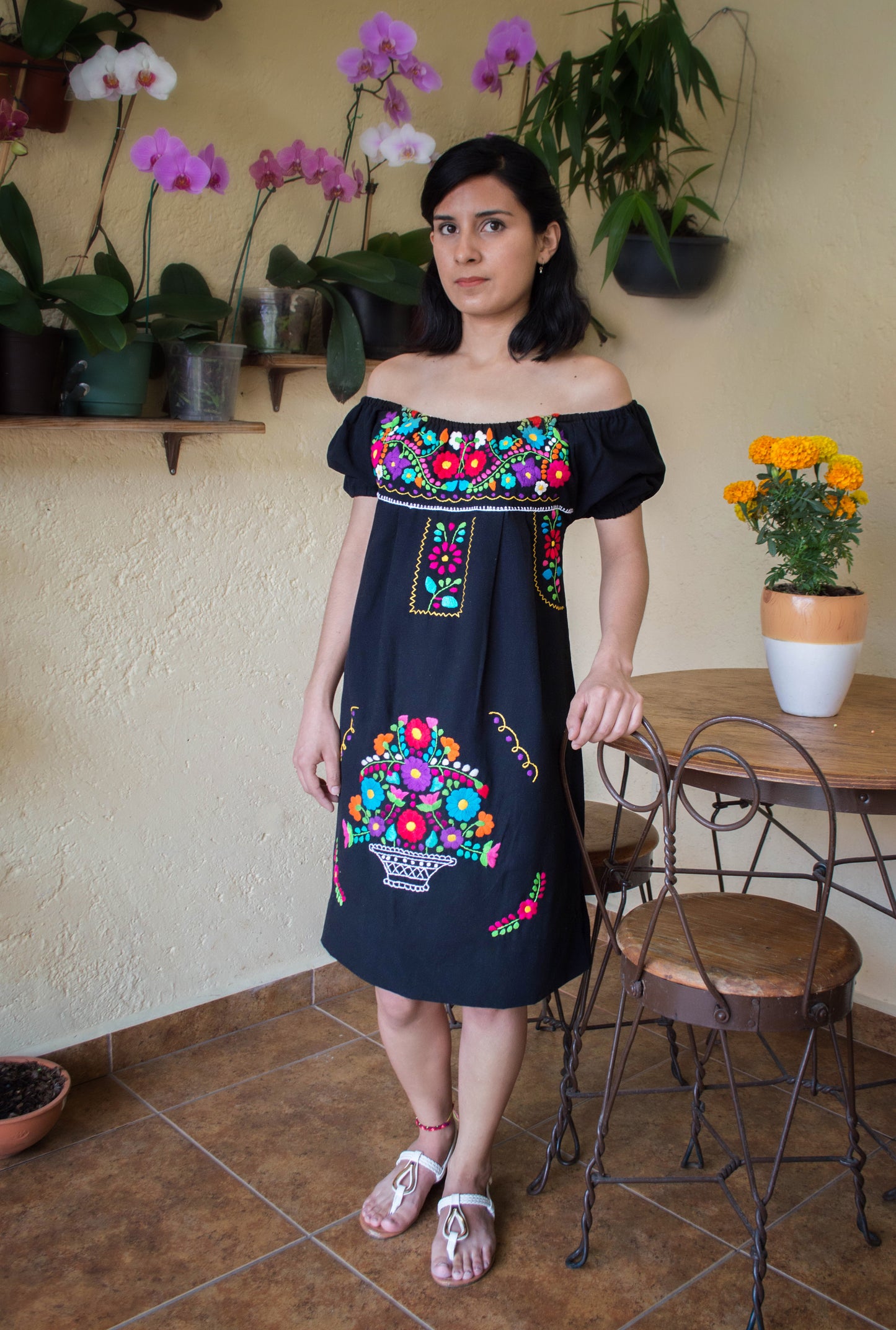 Mexican off the shoulder mini dress  - Black hand embroidered manta
