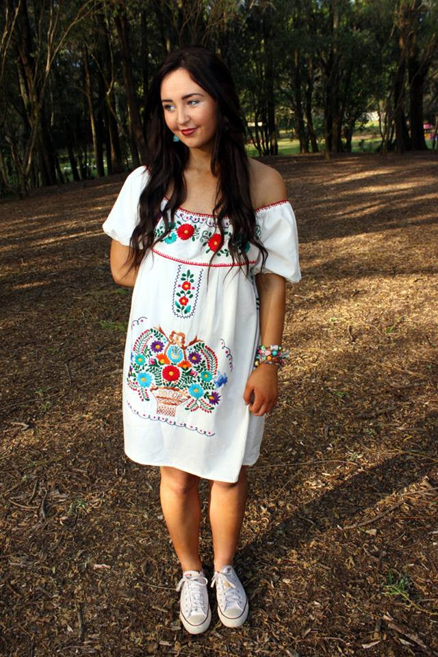 Mexican off the shoulder mini dress  - White hand embroidered manta