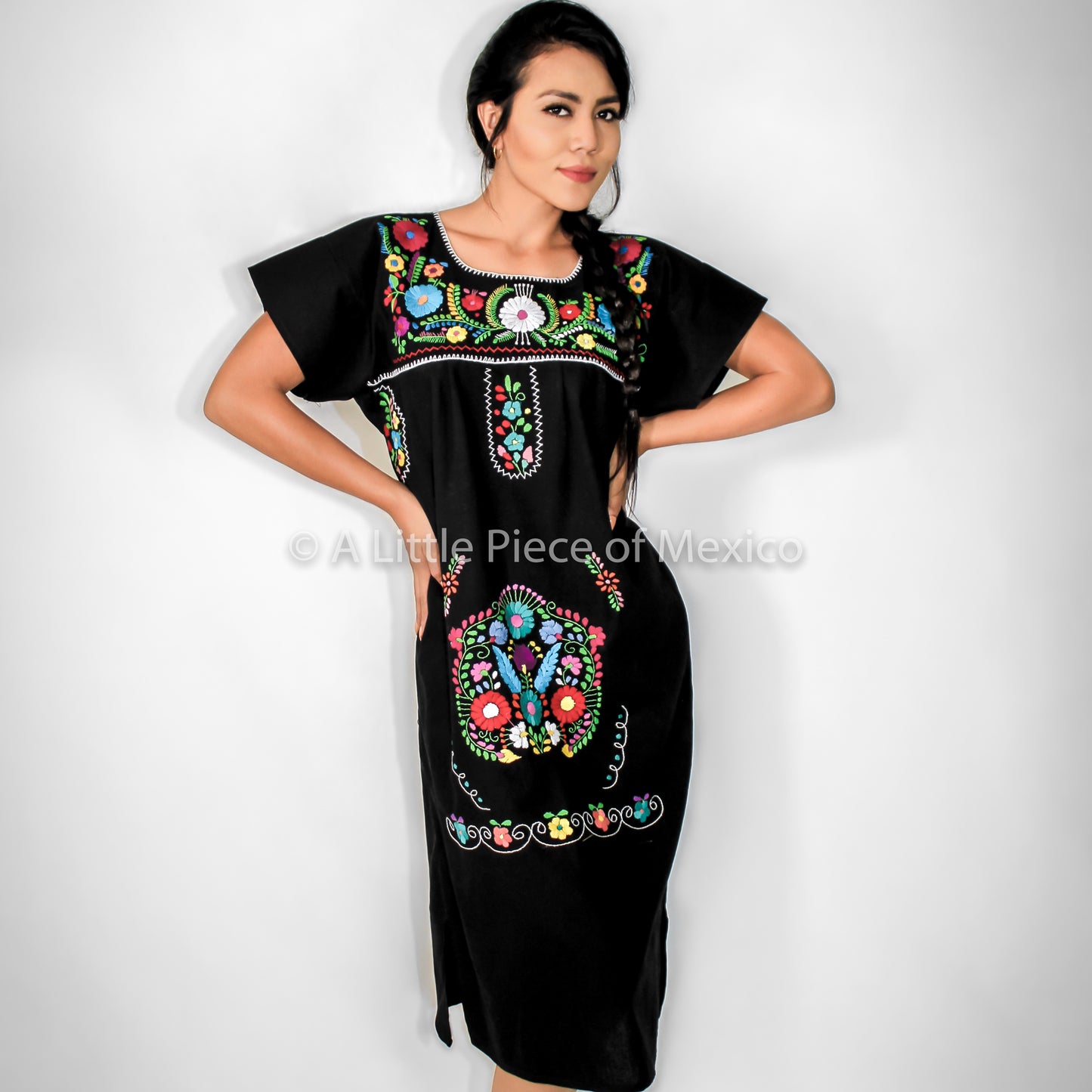 Mexican long dress pure cotton - Black hand embroidered