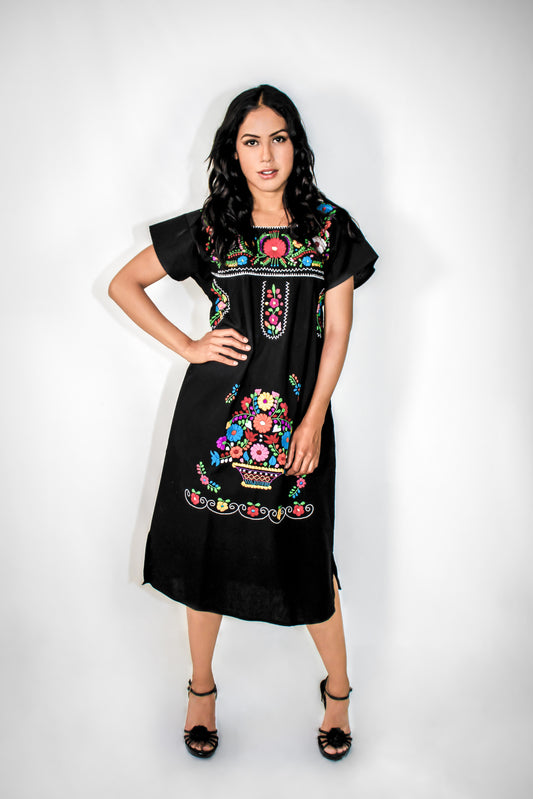Mexican long dress pure cotton - Black hand embroidered