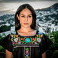 Mexican mini dress, top or blouse - Black hand embroidered manta