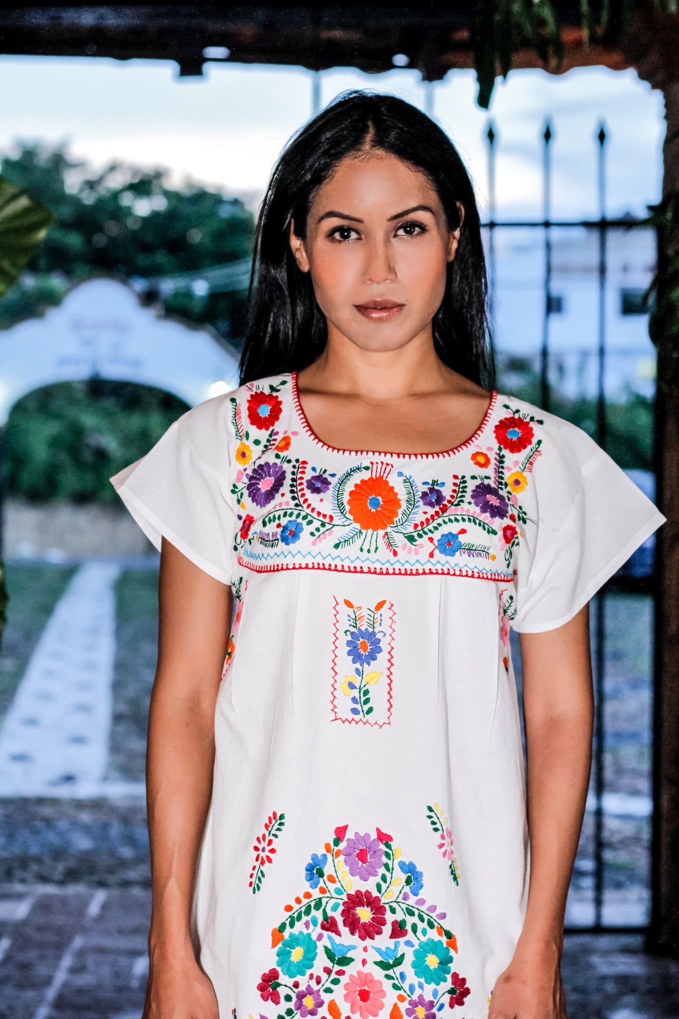 Mexican mini dress, top or blouse - White hand embroidered manta