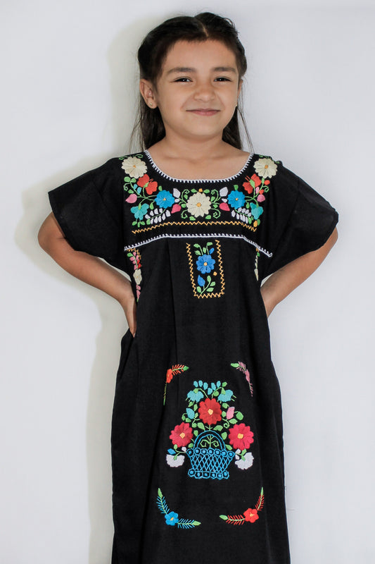 Girls Mexican Peasant Black Little Puebla Dress