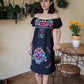 Mexican off the shoulder mini dress  - Black hand embroidered manta