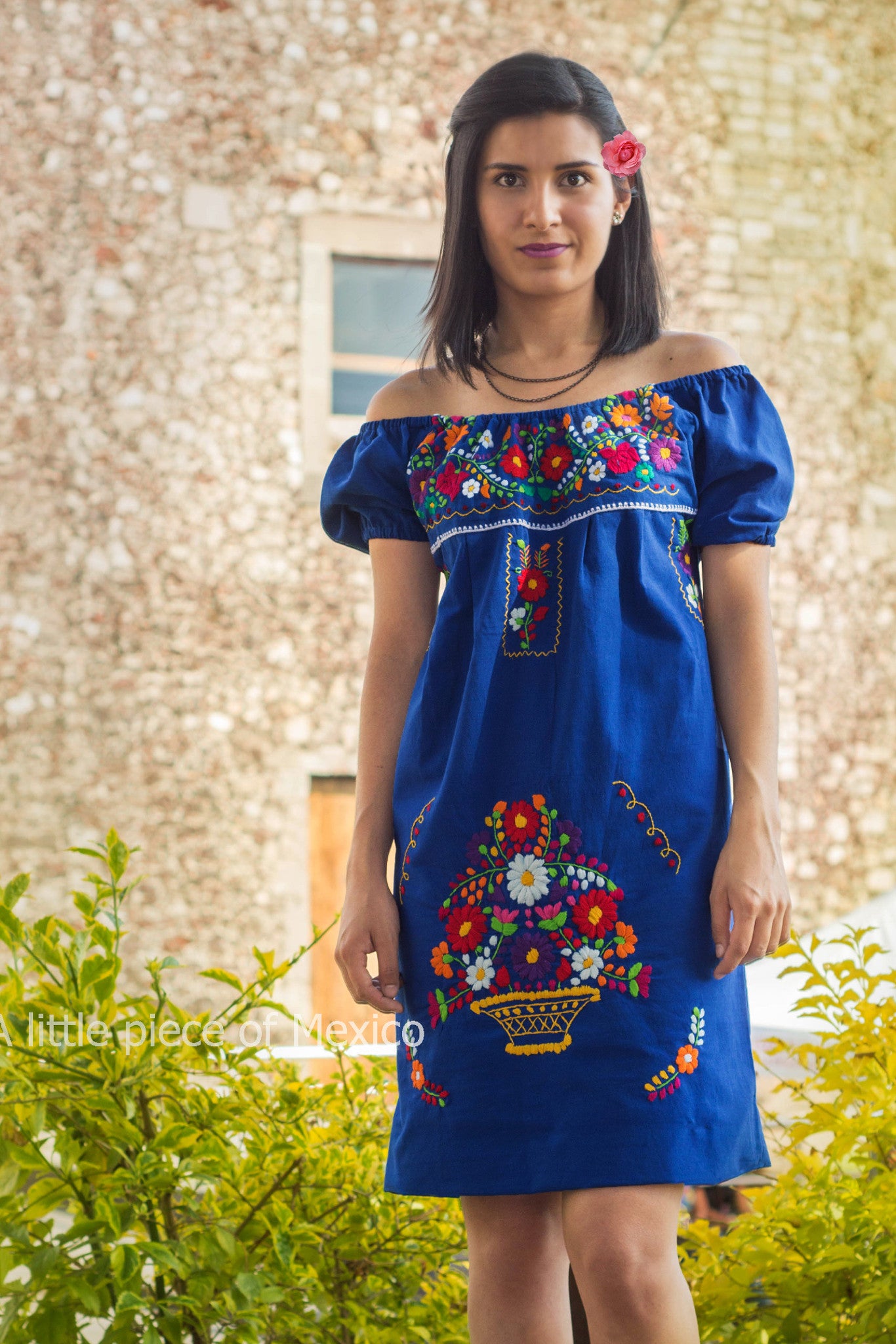 Mexican off the shoulder mini dress  - Royal blue hand embroidered manta