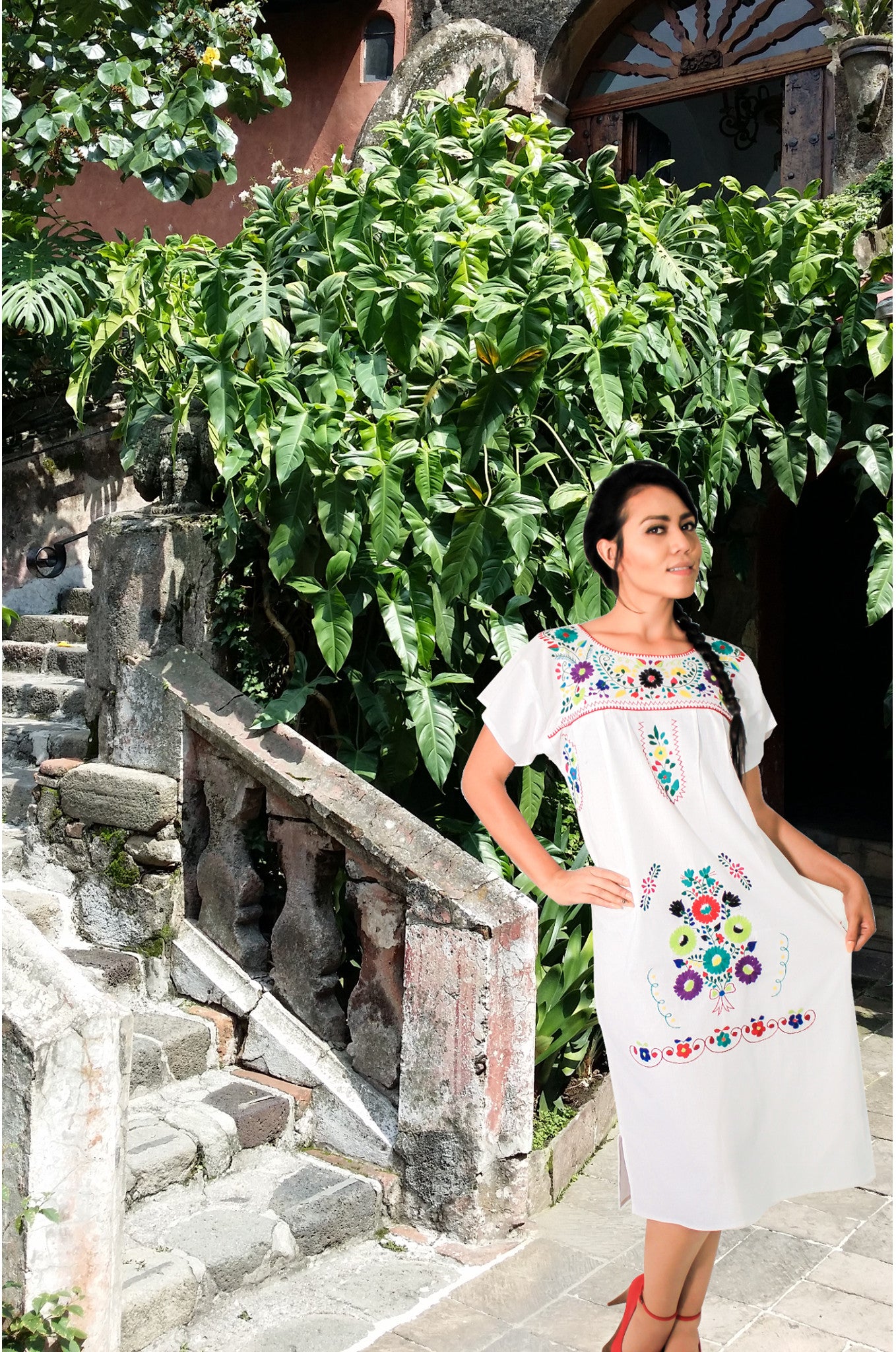 Mexican long cotton dress  - White hand embroidered